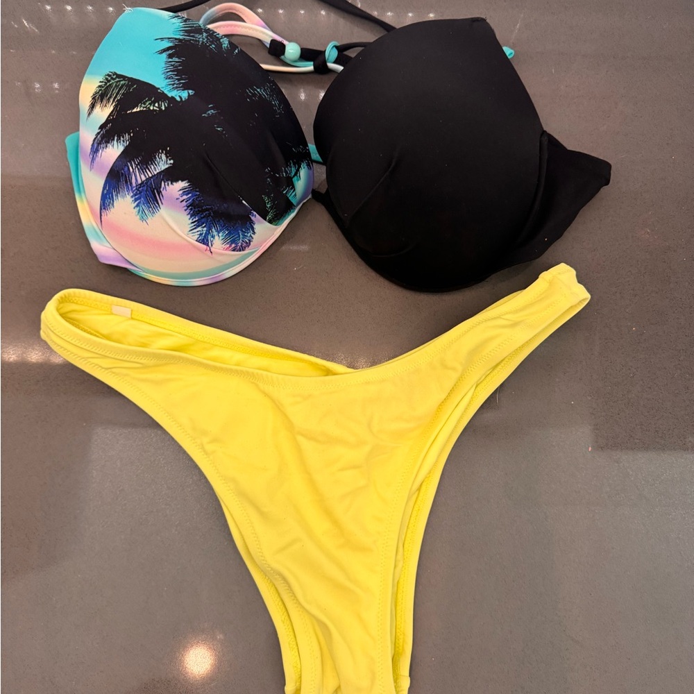 Victoria's Secret Palm Tree (36DD) Bikini Neon Smoked Yellow Bottoms (L)